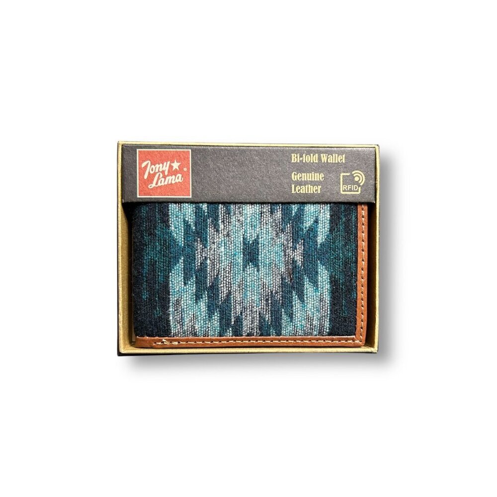 NIB Tony Lama Blue Gray Aztec‎ Bifold Wallet Canvas Leather Western RFID Cowboy